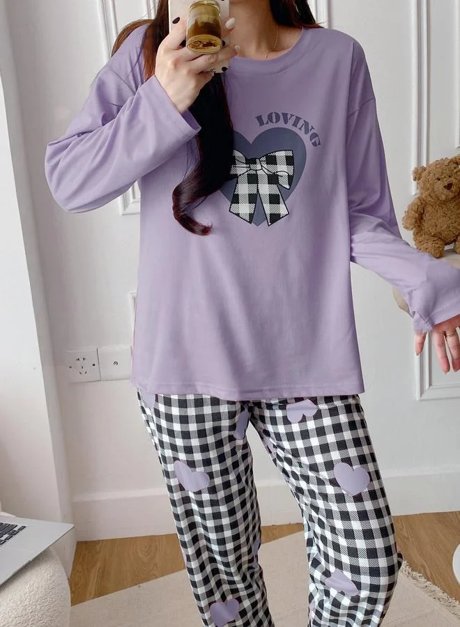 Take Two  Purple Heart Long Sleeve T-Shirt and Checked Pyjama Set for Women | Best Price UAE